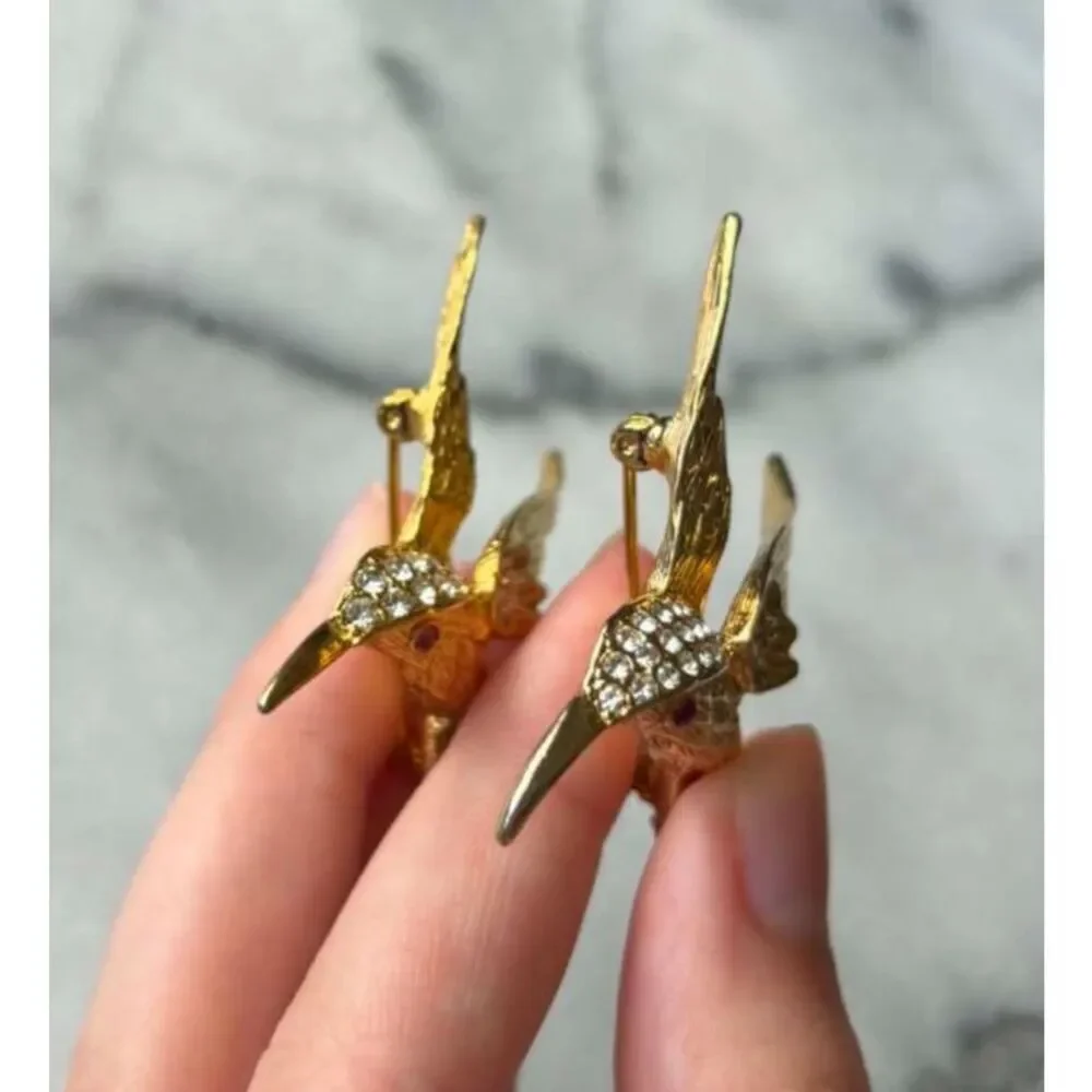 Vintage Gold Tone Hummingbird Brooches Pins Rhinestones Red Eye 1960s Lot of 2